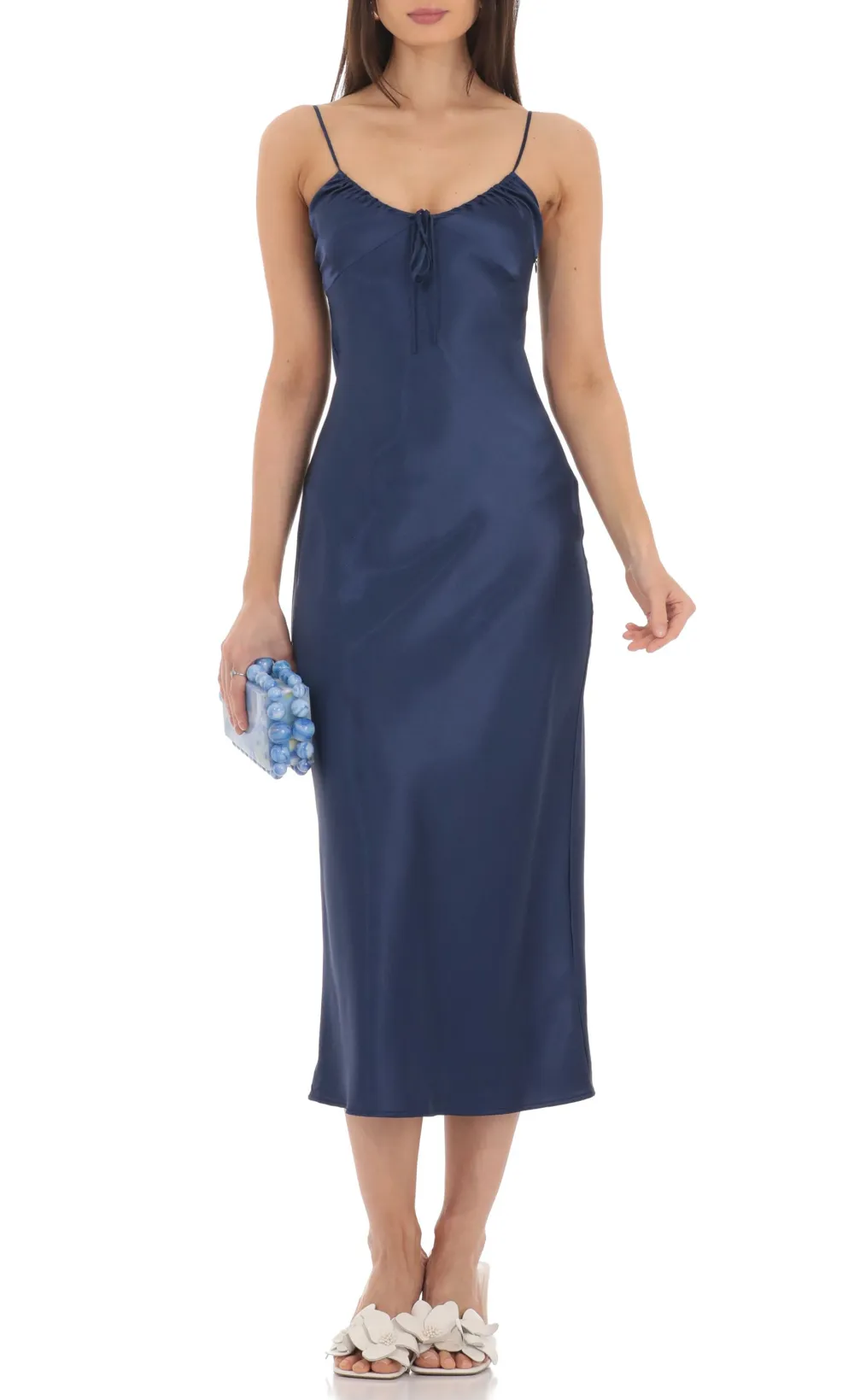 Satin Open Back Midi Dress in Navy